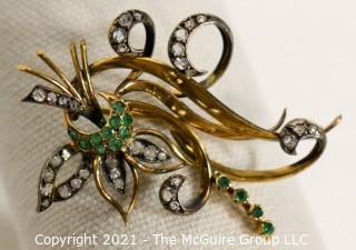 Antique 14kt Gold with Diamonds and Emeralds Flower Flourish Brooch or Pin; 12g  