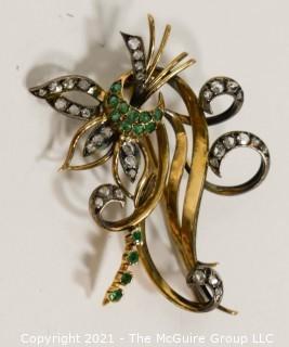 Antique 14kt Gold with Diamonds and Emeralds Flower Flourish Brooch or Pin; 12g  