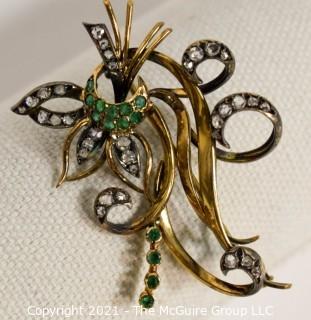 Antique 14kt Gold with Diamonds and Emeralds Flower Flourish Brooch or Pin; 12g  