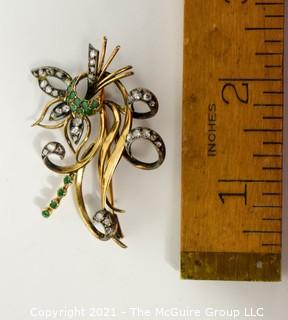 Antique 14kt Gold with Diamonds and Emeralds Flower Flourish Brooch or Pin; 12g  