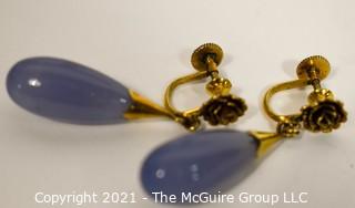 Dangle Teardrop Blue Lace Agate with 18kt Gold Flower Setting Screw Back Earrings.  Measures approximately 1 1/2" long; total weight 9.3g 