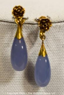 Dangle Teardrop Blue Lace Agate with 18kt Gold Flower Setting Screw Back Earrings.  Measures approximately 1 1/2" long; total weight 9.3g 