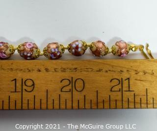 Hand Blown Murano Pink & Gold Lamp Work Glass Bead Necklace.  Clasp Broken.  Measures approximately 21" long