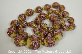 Hand Blown Murano Pink & Gold Lamp Work Glass Bead Necklace.  Clasp Broken.  Measures approximately 21" long