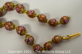 Hand Blown Murano Pink & Gold Lamp Work Glass Bead Necklace.  Clasp Broken.  Measures approximately 21" long