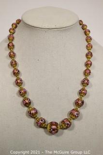 Hand Blown Murano Pink & Gold Lamp Work Glass Bead Necklace.  Clasp Broken.  Measures approximately 21" long