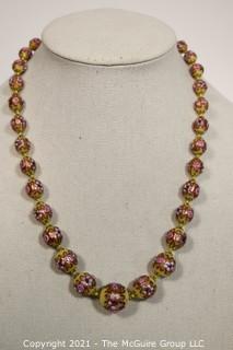 Hand Blown Murano Pink & Gold Lamp Work Glass Bead Necklace.  Clasp Broken.  Measures approximately 21" long