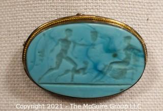 Carved Blue Agate Stone Brooch with Silver Mounting of Greek Scene  Measures approximately 2" long.