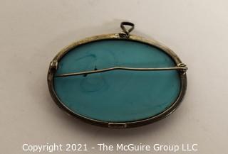 Carved Blue Agate Stone Brooch with Silver Mounting of Greek Scene  Measures approximately 2" long.