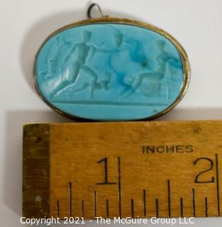 Carved Blue Agate Stone Brooch with Silver Mounting of Greek Scene  Measures approximately 2" long.