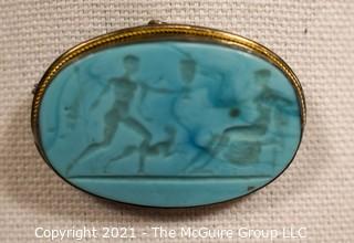 Carved Blue Agate Stone Brooch with Silver Mounting of Greek Scene  Measures approximately 2" long.