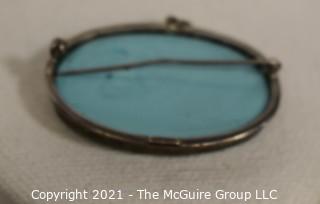 Carved Blue Agate Stone Brooch with Silver Mounting of Greek Scene  Measures approximately 2" long.