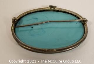 Carved Blue Agate Stone Brooch with Silver Mounting of Greek Scene  Measures approximately 2" long.