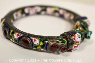 Antique Asian Export Cloisonné Double Headed Dragon Bangle Bracelet with Gemstones. Unmarked. 