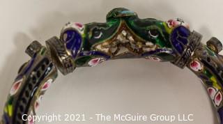 Antique Asian Export Cloisonné Double Headed Dragon Bangle Bracelet with Gemstones. Unmarked. 