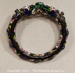 Antique Asian Export Cloisonné Double Headed Dragon Bangle Bracelet with Gemstones. Unmarked. 