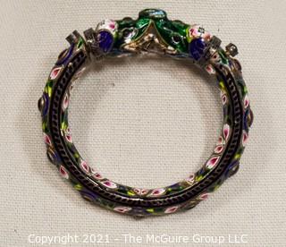 Antique Asian Export Cloisonné Double Headed Dragon Bangle Bracelet with Gemstones. Unmarked. 