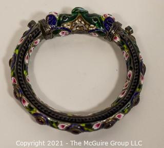 Antique Asian Export Cloisonné Double Headed Dragon Bangle Bracelet with Gemstones. Unmarked. 