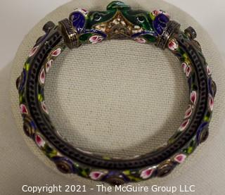 Antique Asian Export Cloisonné Double Headed Dragon Bangle Bracelet with Gemstones. Unmarked. 