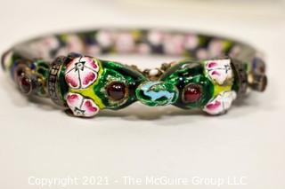 Antique Asian Export Cloisonné Double Headed Dragon Bangle Bracelet with Gemstones. Unmarked. 