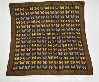 Vintage Gucci Silk Butterfly Scarf with Labels & Gold Stripe Border.  Measures approximately 26" Square.