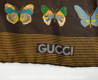 Vintage Gucci Silk Butterfly Scarf with Labels & Gold Stripe Border.  Measures approximately 26" Square.