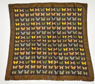 Vintage Gucci Silk Butterfly Scarf with Labels & Gold Stripe Border.  Measures approximately 26" Square.