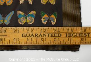 Vintage Gucci Silk Butterfly Scarf with Labels & Gold Stripe Border.  Measures approximately 26" Square.