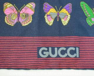 Vintage Gucci Silk Butterfly Scarf with Labels & Red Stripe Border.  Measures approximately 26" Square.
