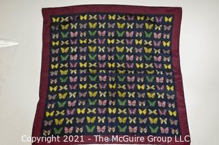 Vintage Gucci Silk Butterfly Scarf with Labels & Red Stripe Border.  Measures approximately 26" Square.
