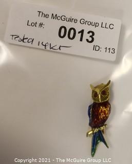 14 kt Gold and Enamel Paint Owl Brooch or Pin.   Measures approximately 2" long and 8.7 g.  Unmarked, Tested as 14 kt.