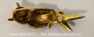 14 kt Gold and Enamel Paint Owl Brooch or Pin.   Measures approximately 2" long and 8.7 g.  Unmarked, Tested as 14 kt.