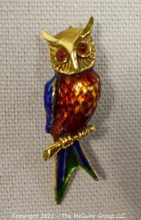 14 kt Gold and Enamel Paint Owl Brooch or Pin.   Measures approximately 2" long and 8.7 g.  Unmarked, Tested as 14 kt.