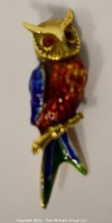 14 kt Gold and Enamel Paint Owl Brooch or Pin.   Measures approximately 2" long and 8.7 g.  Unmarked, Tested as 14 kt.