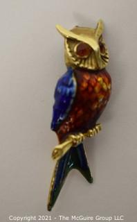 14 kt Gold and Enamel Paint Owl Brooch or Pin.   Measures approximately 2" long and 8.7 g.  Unmarked, Tested as 14 kt.