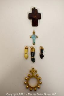 Group of Pendants Including Three (3) Figa Charms, Two (2) Crosses & a Pocket Rosary.  