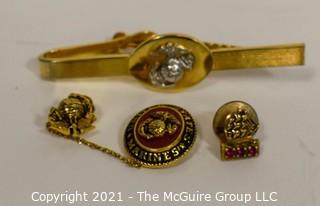 Three (3) Marine Pins and Tie Clip 