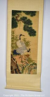 Asian Scroll Painting Depicting Cranes Standing Atop Rocks With Pine Trees Signed with Chopmark.  Silk and Paper.  Measures approximately 18" x 56",