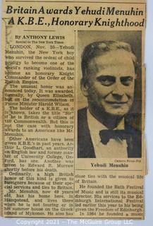 Willa Cather, Edith Lewis and Yehudi Menuhin:  An archive of letters, photos, books, press clippings, concert programs and other materials documenting the close friendship between Cather and Lewis with Menuhin and his family. 