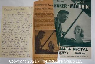 Willa Cather, Edith Lewis and Yehudi Menuhin:  An archive of letters, photos, books, press clippings, concert programs and other materials documenting the close friendship between Cather and Lewis with Menuhin and his family. 