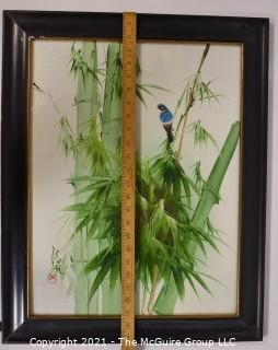 Framed Oil on Board of Blue Bird in Bamboo with Asian Chopmark Signature. It measures approximately 25" x 20".