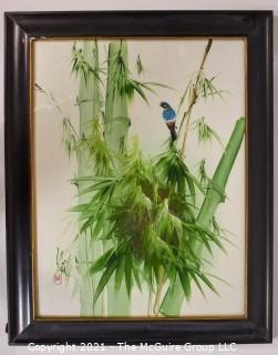 Framed Oil on Board of Blue Bird in Bamboo with Asian Chopmark Signature. It measures approximately 25" x 20".