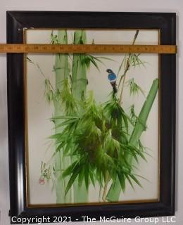 Framed Oil on Board of Blue Bird in Bamboo with Asian Chopmark Signature. It measures approximately 25" x 20".