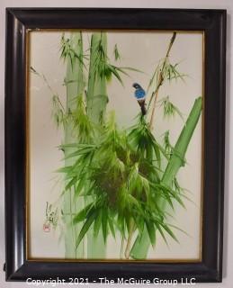 Framed Oil on Board of Blue Bird in Bamboo with Asian Chopmark Signature. It measures approximately 25" x 20".