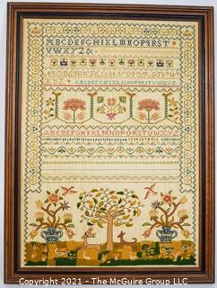 Framed Vintage Hand Embroidered Sampler.  Measures approximately 26" x 19".