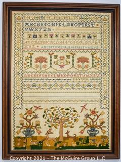 Framed Vintage Hand Embroidered Sampler.  Measures approximately 26" x 19".