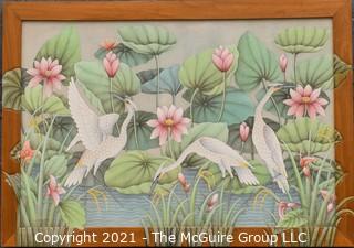 Framed Oil on Canvas of Cranes in Water with Lily Pads Signed by Artist Wayan Suarka  Ubud; Bali Style.  It measures approximately 59" x 41: in custom carved frame with extension of artwork. 