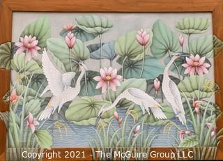 Framed Oil on Canvas of Cranes in Water with Lily Pads Signed by Artist Wayan Suarka  Ubud; Bali Style.  It measures approximately 59" x 41: in custom carved frame with extension of artwork. 