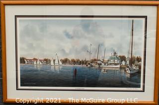 Framed Under Glass Print of " St. Michaels Harbor" by Franklin Saye, numbered 570/950, pencil signed by artist.  It measures approximately 25" x 37".