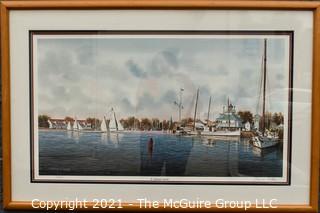 Framed Under Glass Print of " St. Michaels Harbor" by Franklin Saye, numbered 570/950, pencil signed by artist.  It measures approximately 25" x 37".